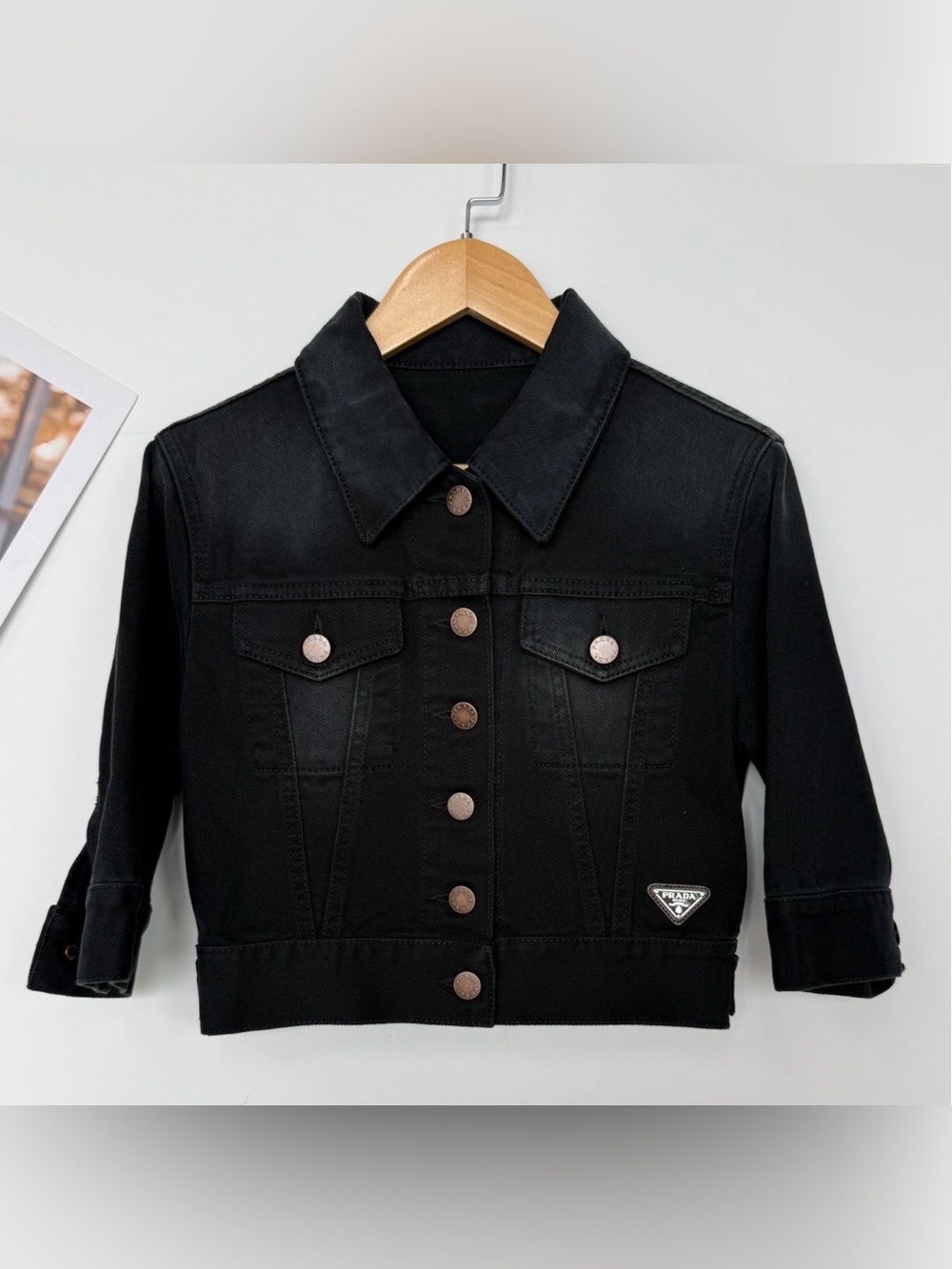 Prada Black Cropped Denim Jacket with Triangle Logo